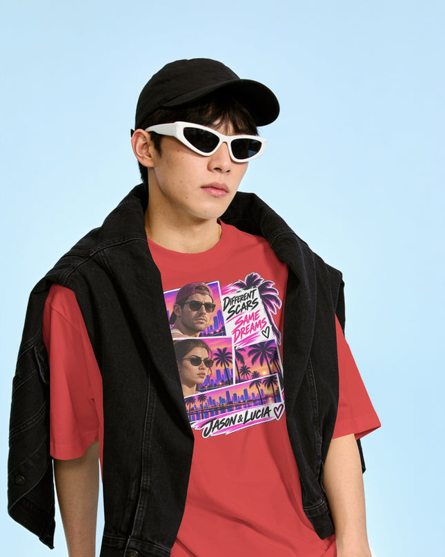 Retro Palm-Scene T-Shirt — "Different Scars, Same Dreams" Vintage Sunset Tee
