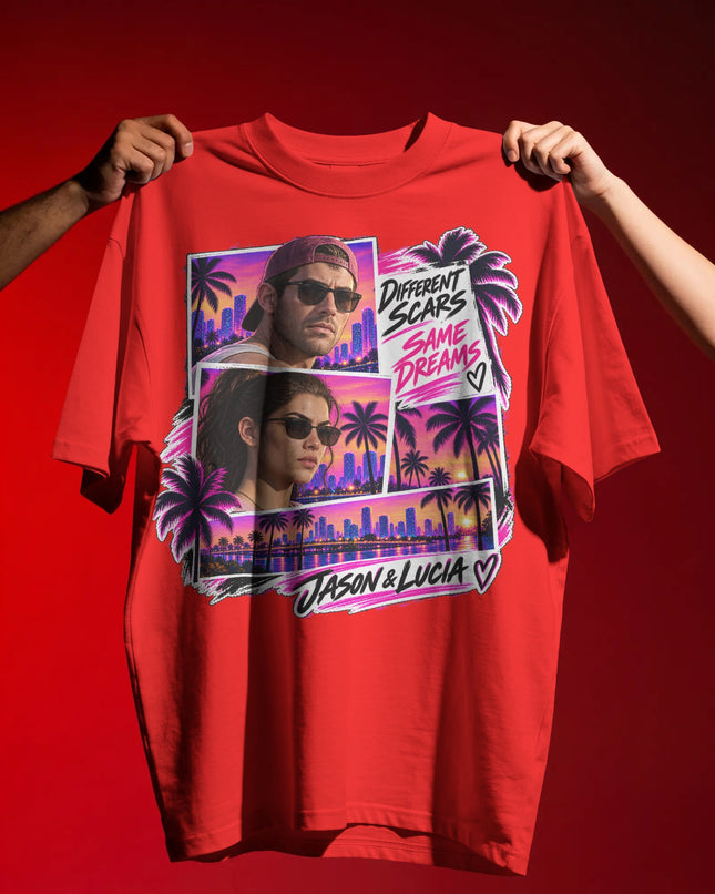 Retro Palm-Scene T-Shirt — "Different Scars, Same Dreams" Vintage Sunset Tee
